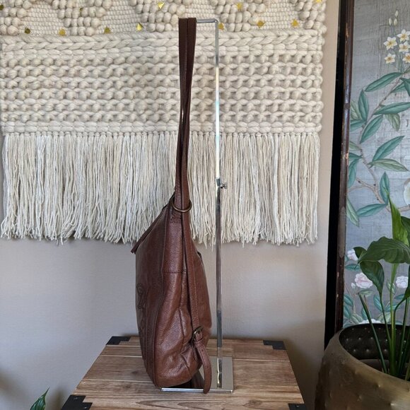 Frye Azariah Brown Floral Embroidered Leather Convertible Backpack Hobo Bag - Picture 3 of 16